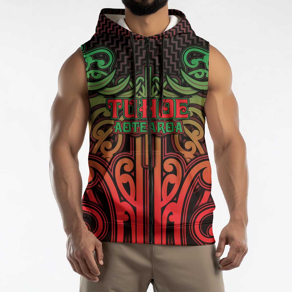 Custom Aotearoa Tuhoe Sleeveless Zip Hoodie Maori Tribal Pattern Mix Poutama LT05 - Polynesian Pride