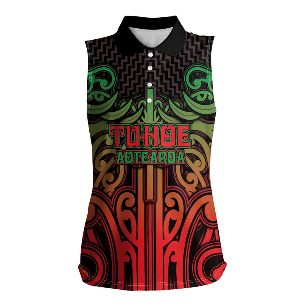 Custom Aotearoa Tuhoe Women Sleeveless Polo Shirt Maori Tribal Pattern Mix Poutama LT05 Female Black - Polynesian Pride