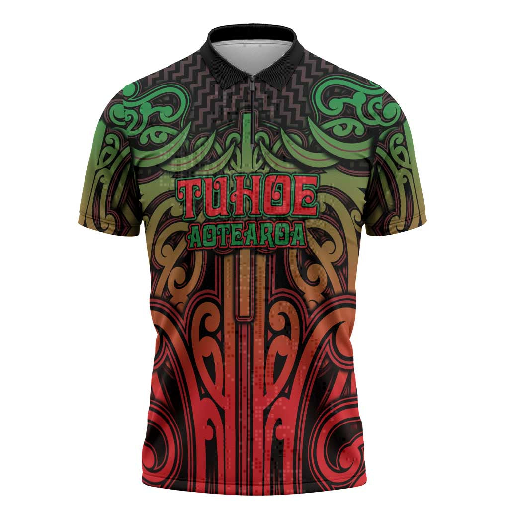 Custom Aotearoa Tuhoe Zipper Polo Shirt Maori Tribal Pattern Mix Poutama LT05 Black - Polynesian Pride