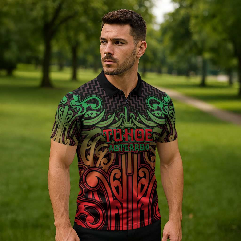 Custom Aotearoa Tuhoe Zipper Polo Shirt Maori Tribal Pattern Mix Poutama LT05 - Polynesian Pride