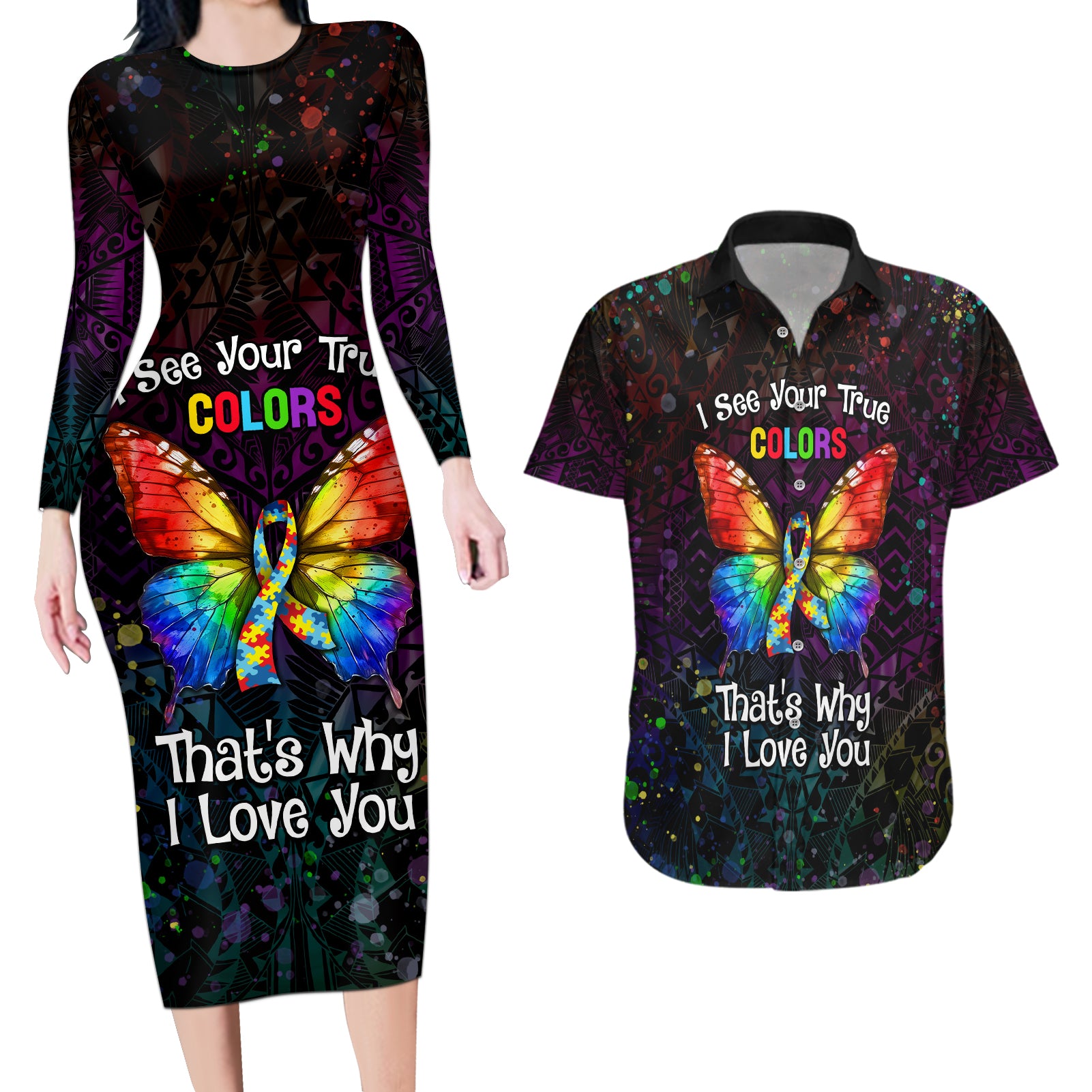 I See Your True Colors Personalised Couples Matching Long Sleeve Bodycon Dress and Hawaiian Shirt Autism Awareness