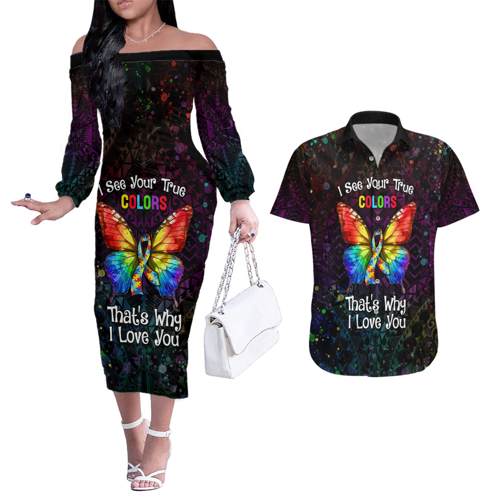 I See Your True Colors Personalised Couples Matching Off The Shoulder Long Sleeve Dress and Hawaiian Shirt Autism Awareness