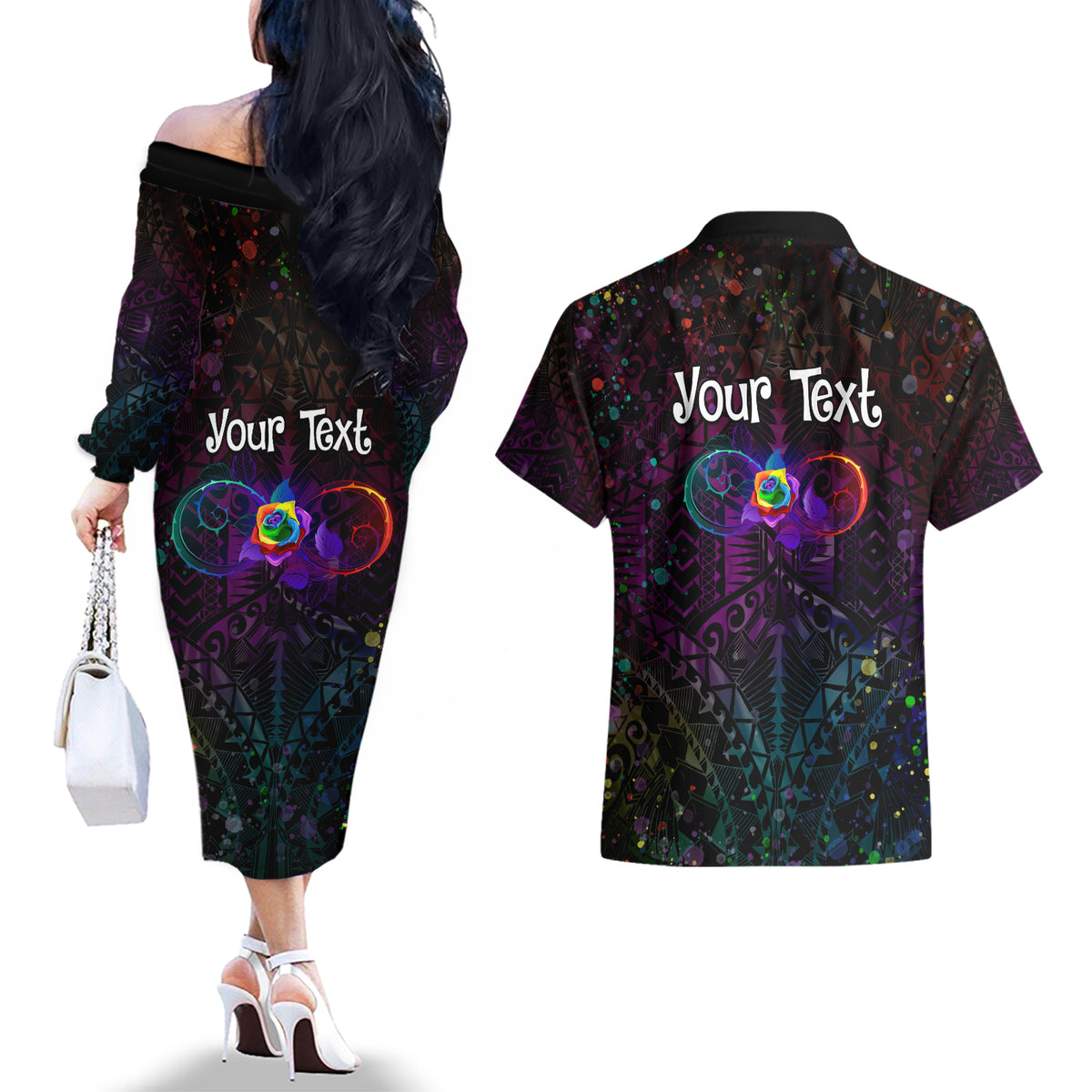 I See Your True Colors Personalised Couples Matching Off The Shoulder Long Sleeve Dress and Hawaiian Shirt Autism Awareness