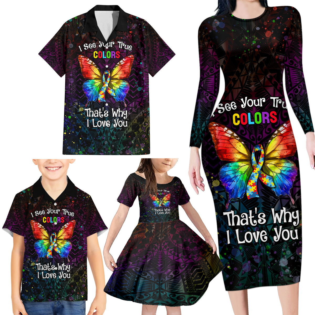 I See Your True Colors Personalised Family Matching Long Sleeve Bodycon Dress and Hawaiian Shirt Autism Awareness