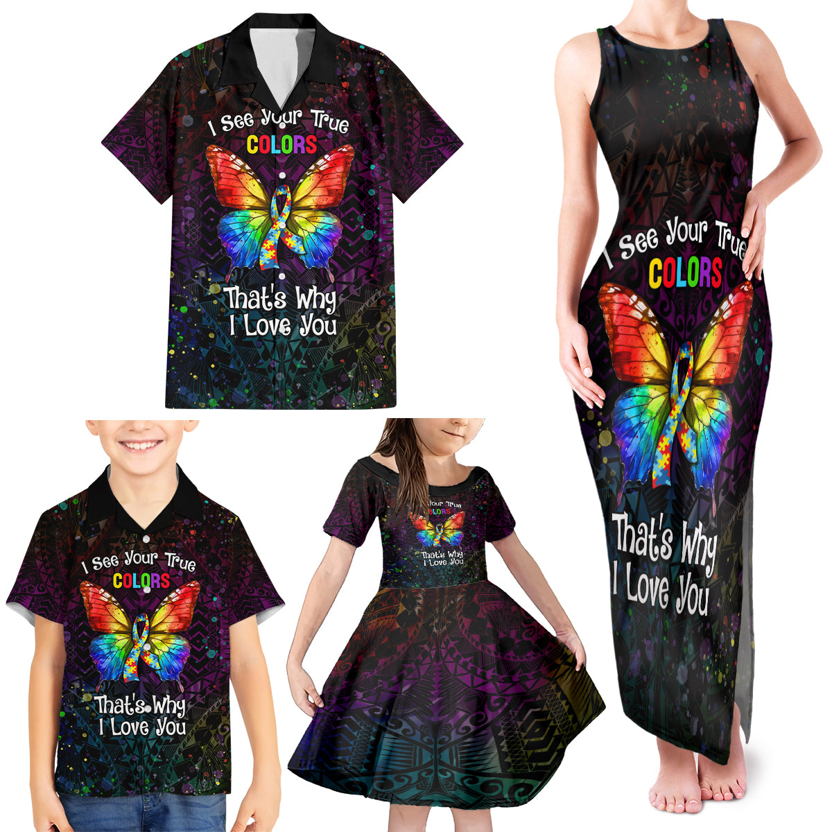 I See Your True Colors Personalised Family Matching Tank Maxi Dress and Hawaiian Shirt Autism Awareness