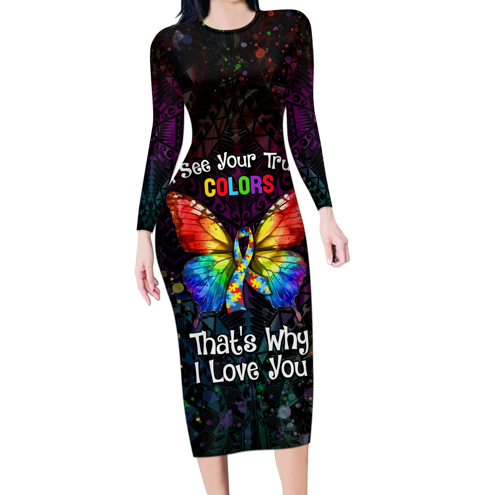 I See Your True Colors Personalised Long Sleeve Bodycon Dress Autism Awareness