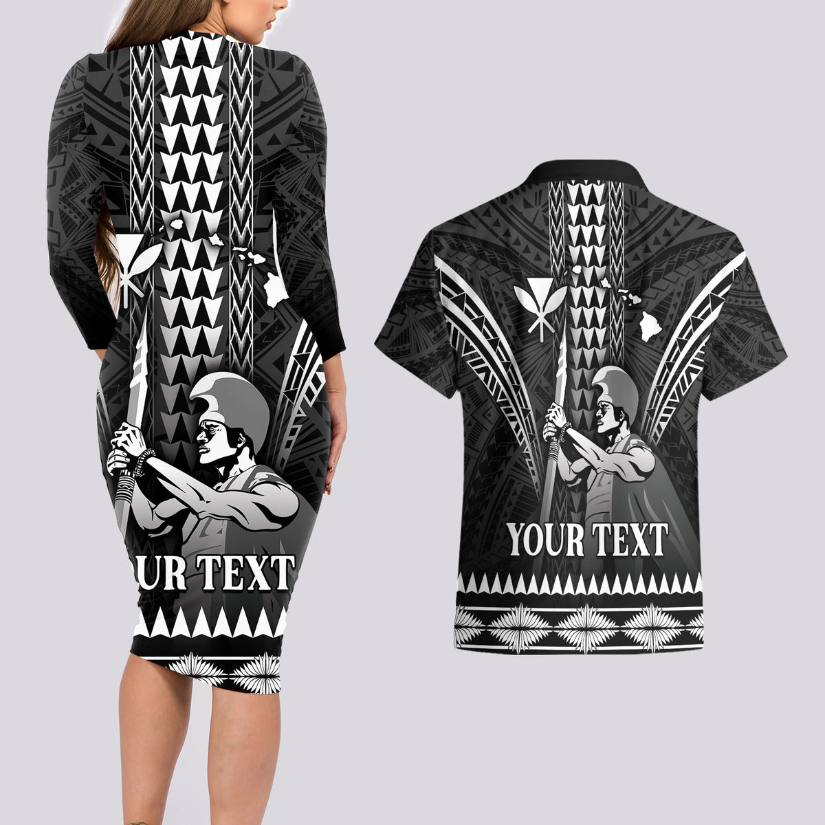 Personalised Hawaii Happy King Kamehameha Day Couples Matching Long Sleeve Bodycon Dress and Hawaiian Shirt Kakau Pattern