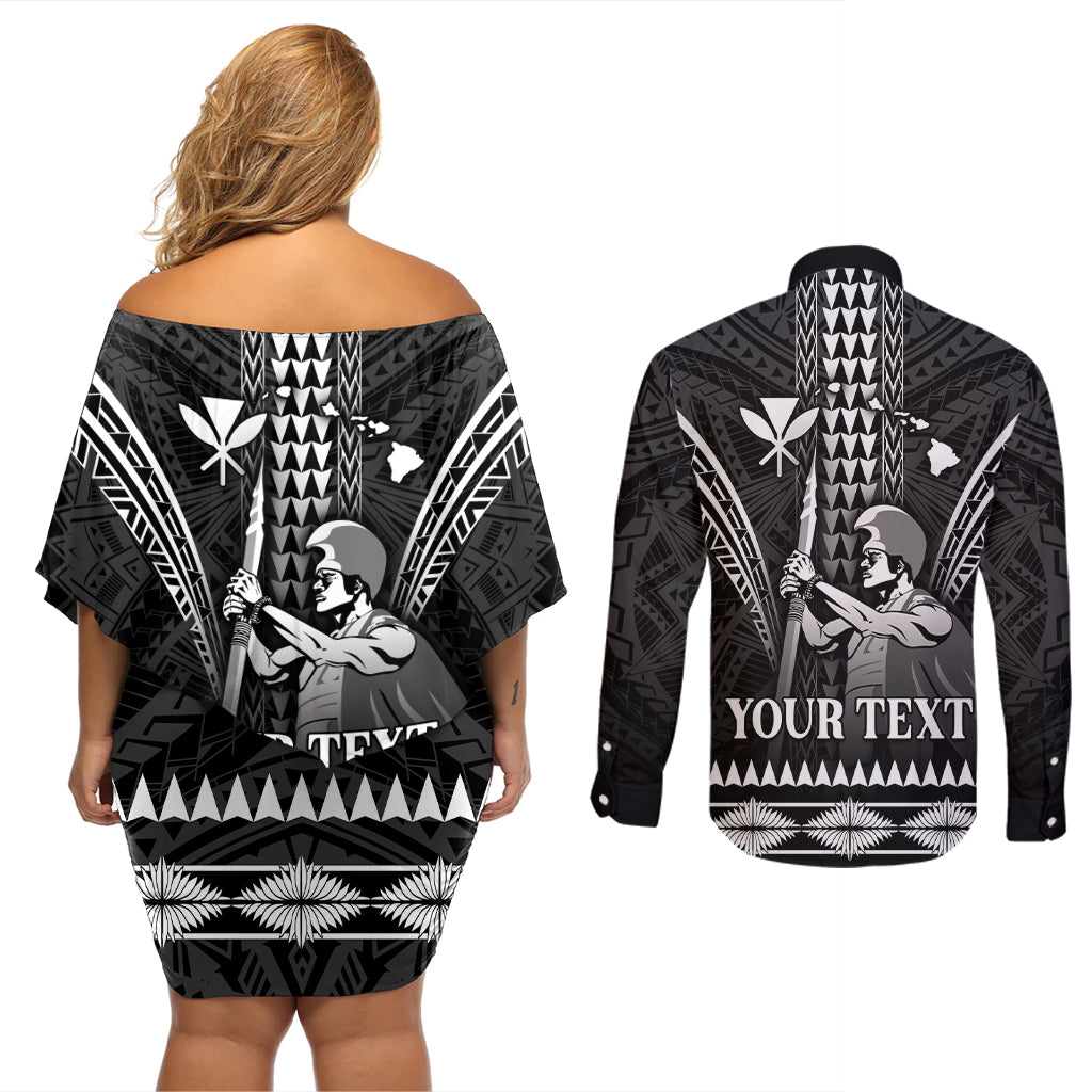Personalised Hawaii Happy King Kamehameha Day Couples Matching Off Shoulder Short Dress and Long Sleeve Button Shirt Kakau Pattern