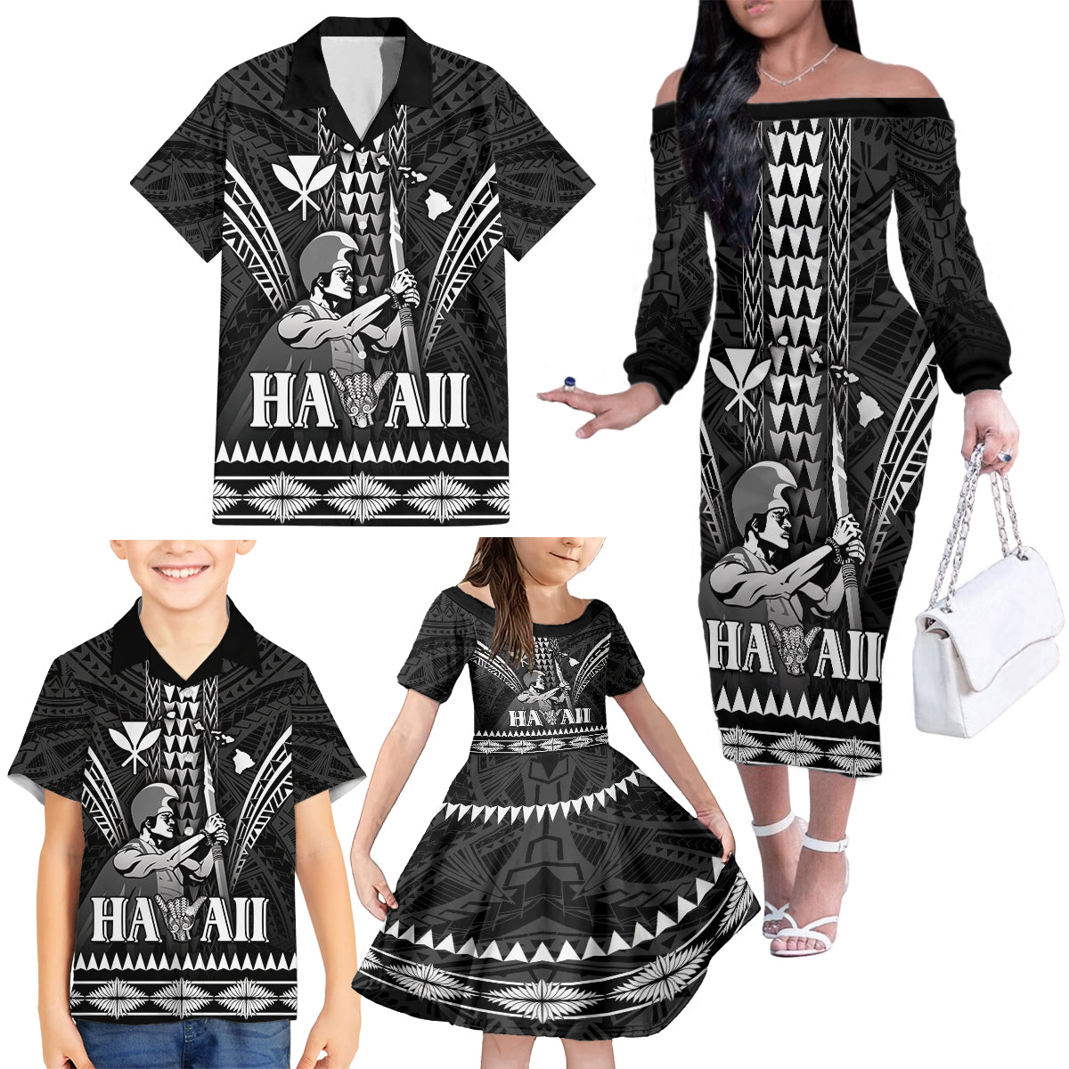 Personalised Hawaii Happy King Kamehameha Day Family Matching Off The Shoulder Long Sleeve Dress and Hawaiian Shirt Kakau Pattern