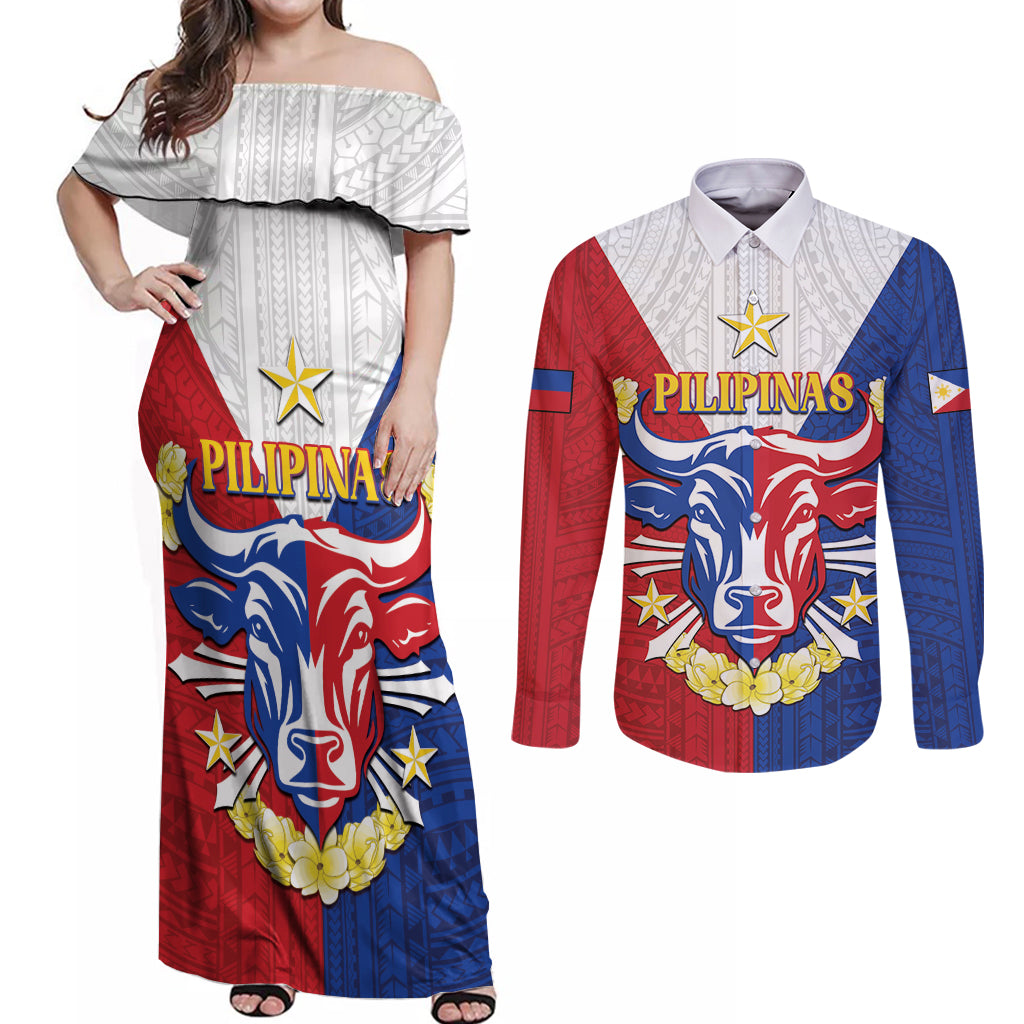 Personalised Philippines Independence Day Couples Matching Off Shoulder Maxi Dress and Long Sleeve Button Shirt Maligayang Araw ng Kalayaan Filipino Carabao