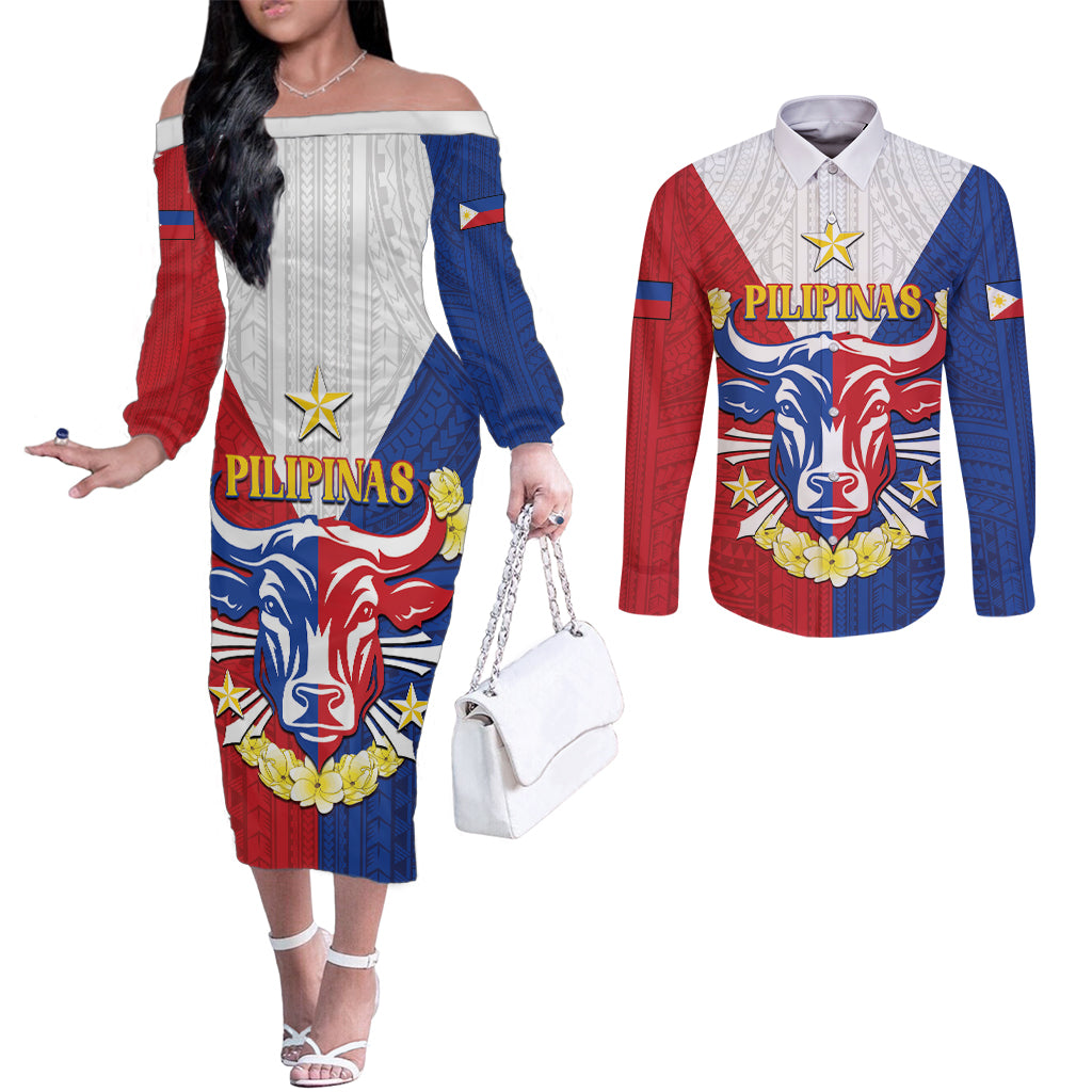 Personalised Philippines Independence Day Couples Matching Off The Shoulder Long Sleeve Dress and Long Sleeve Button Shirt Maligayang Araw ng Kalayaan Filipino Carabao