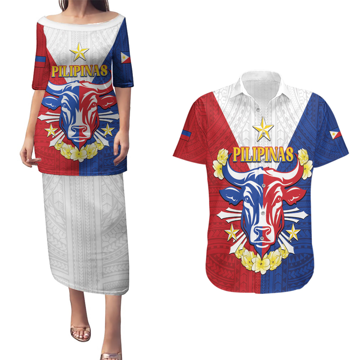 Personalised Philippines Independence Day Couples Matching Puletasi and Hawaiian Shirt Maligayang Araw ng Kalayaan Filipino Carabao