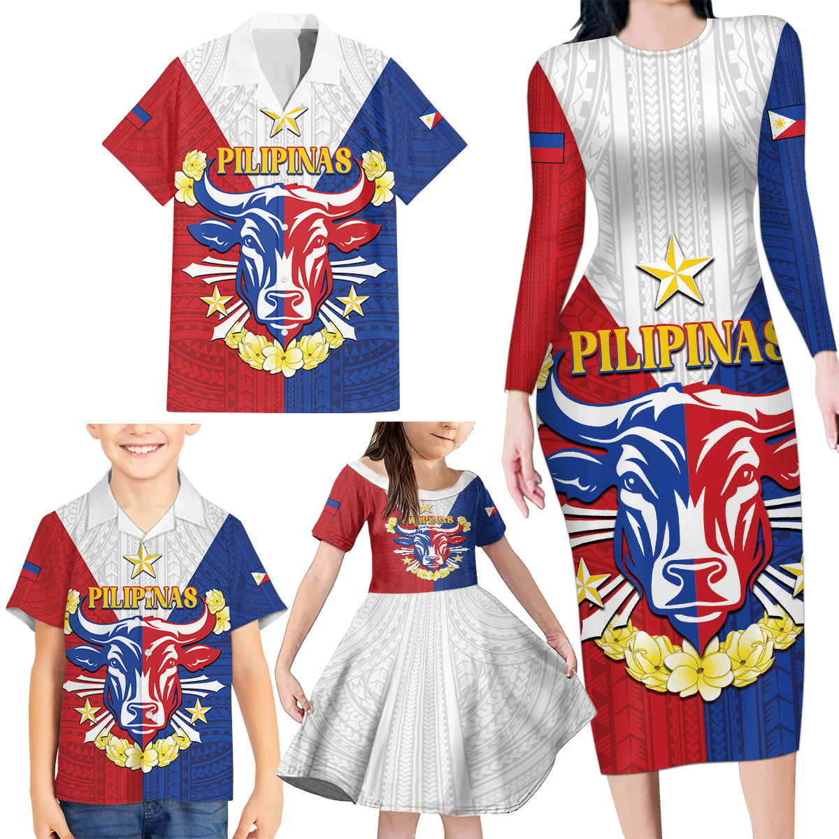 Personalised Philippines Independence Day Family Matching Long Sleeve Bodycon Dress and Hawaiian Shirt Maligayang Araw ng Kalayaan Filipino Carabao