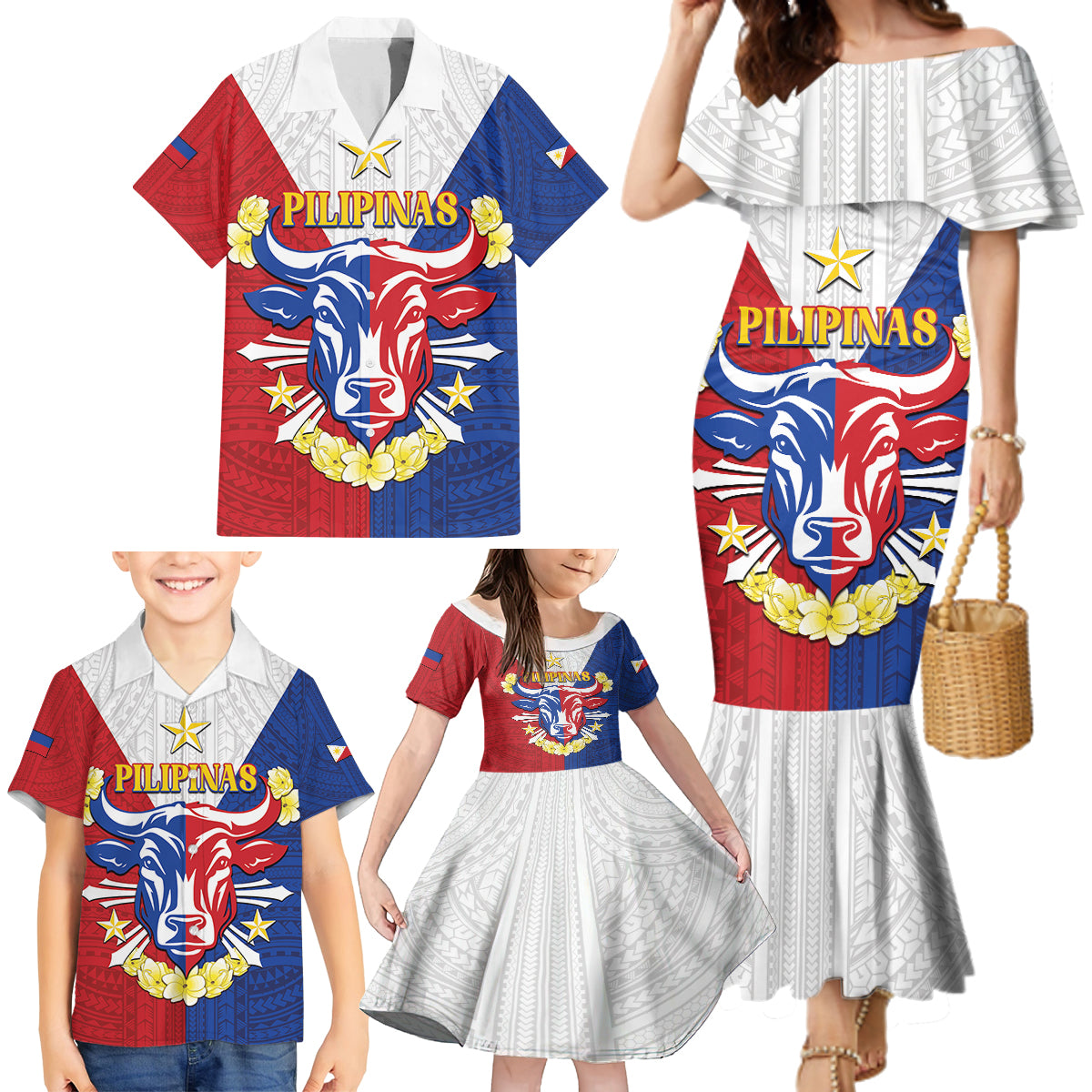 Personalised Philippines Independence Day Family Matching Mermaid Dress and Hawaiian Shirt Maligayang Araw ng Kalayaan Filipino Carabao