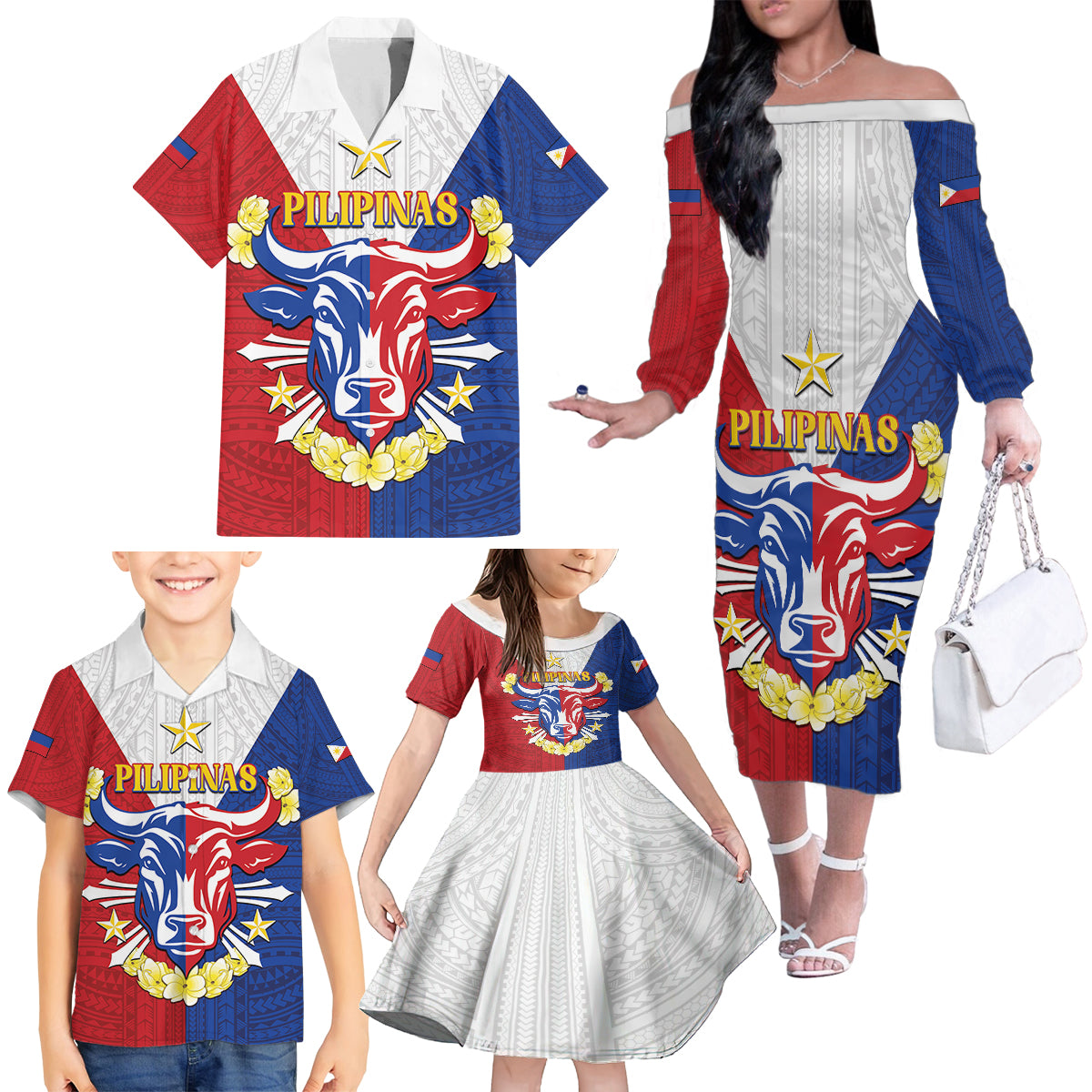 Personalised Philippines Independence Day Family Matching Off The Shoulder Long Sleeve Dress and Hawaiian Shirt Maligayang Araw ng Kalayaan Filipino Carabao