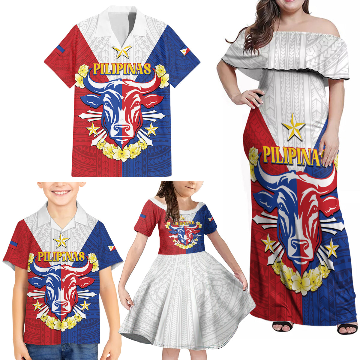 Personalised Philippines Independence Day Family Matching Off Shoulder Maxi Dress and Hawaiian Shirt Maligayang Araw ng Kalayaan Filipino Carabao