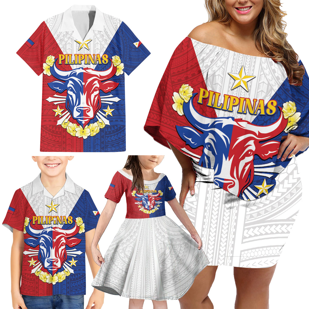 Personalised Philippines Independence Day Family Matching Off Shoulder Short Dress and Hawaiian Shirt Maligayang Araw ng Kalayaan Filipino Carabao