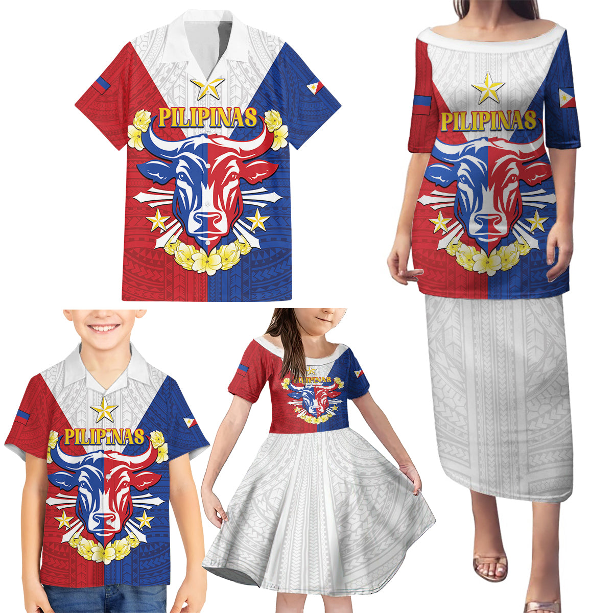 Personalised Philippines Independence Day Family Matching Puletasi and Hawaiian Shirt Maligayang Araw ng Kalayaan Filipino Carabao