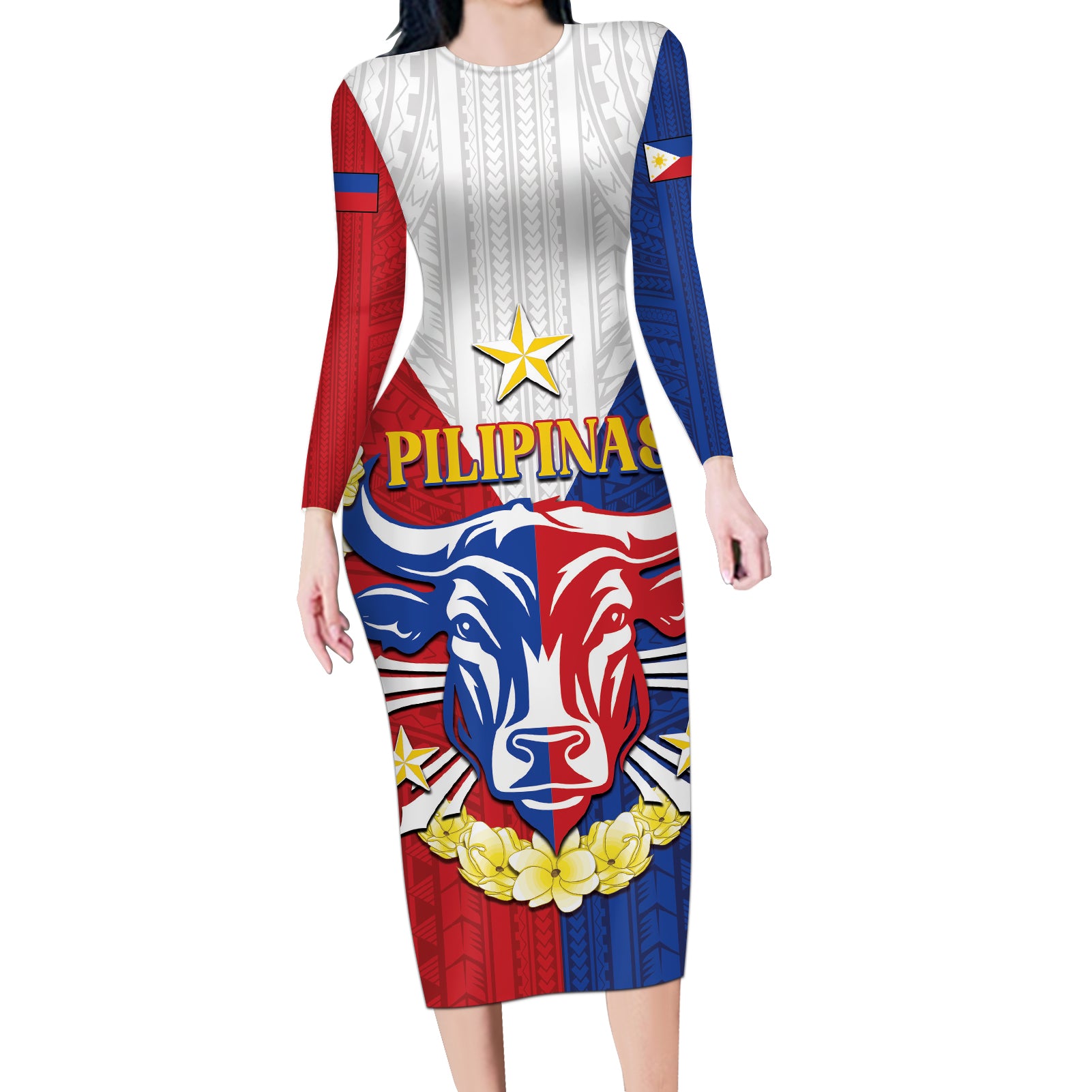 Personalised Philippines Independence Day Long Sleeve Bodycon Dress Maligayang Araw ng Kalayaan Filipino Carabao