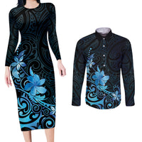 Matariki New Zealand Couples Matching Long Sleeve Bodycon Dress and Long Sleeve Button Shirt Maori Pattern Blue Galaxy