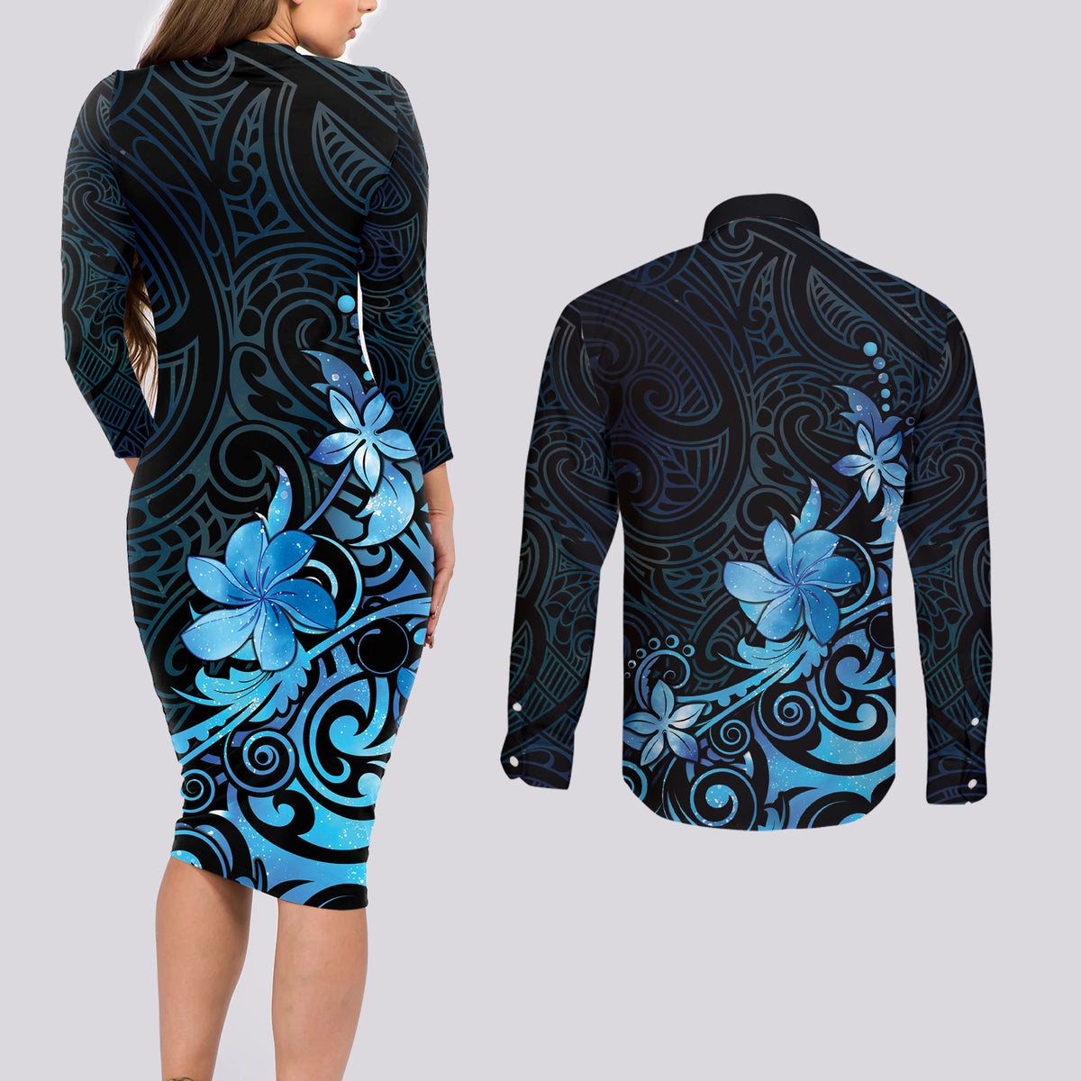 Matariki New Zealand Couples Matching Long Sleeve Bodycon Dress and Long Sleeve Button Shirt Maori Pattern Blue Galaxy