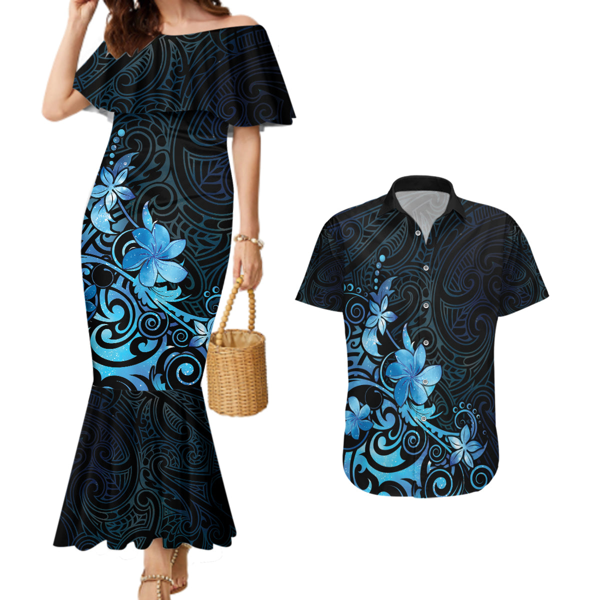 Matariki New Zealand Couples Matching Mermaid Dress and Hawaiian Shirt Maori Pattern Blue Galaxy