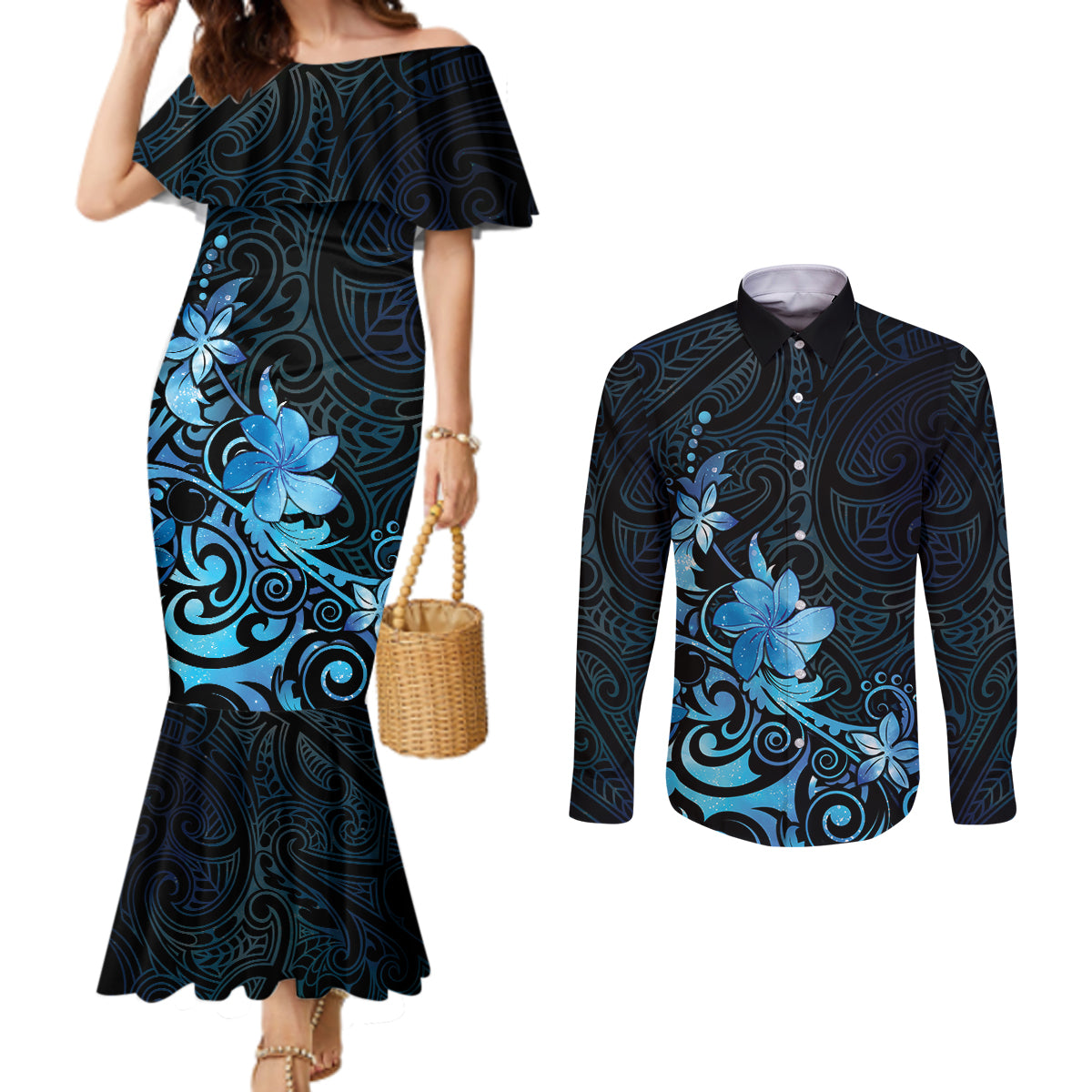 Matariki New Zealand Couples Matching Mermaid Dress and Long Sleeve Button Shirt Maori Pattern Blue Galaxy