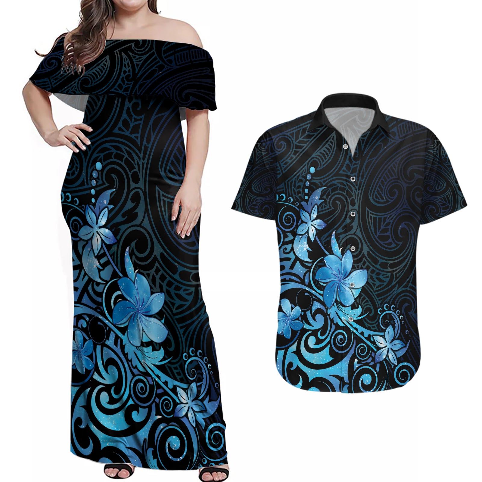 Matariki New Zealand Couples Matching Off Shoulder Maxi Dress and Hawaiian Shirt Maori Pattern Blue Galaxy