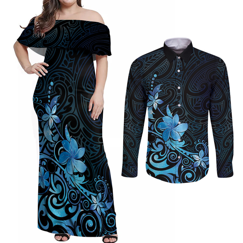 Matariki New Zealand Couples Matching Off Shoulder Maxi Dress and Long Sleeve Button Shirt Maori Pattern Blue Galaxy