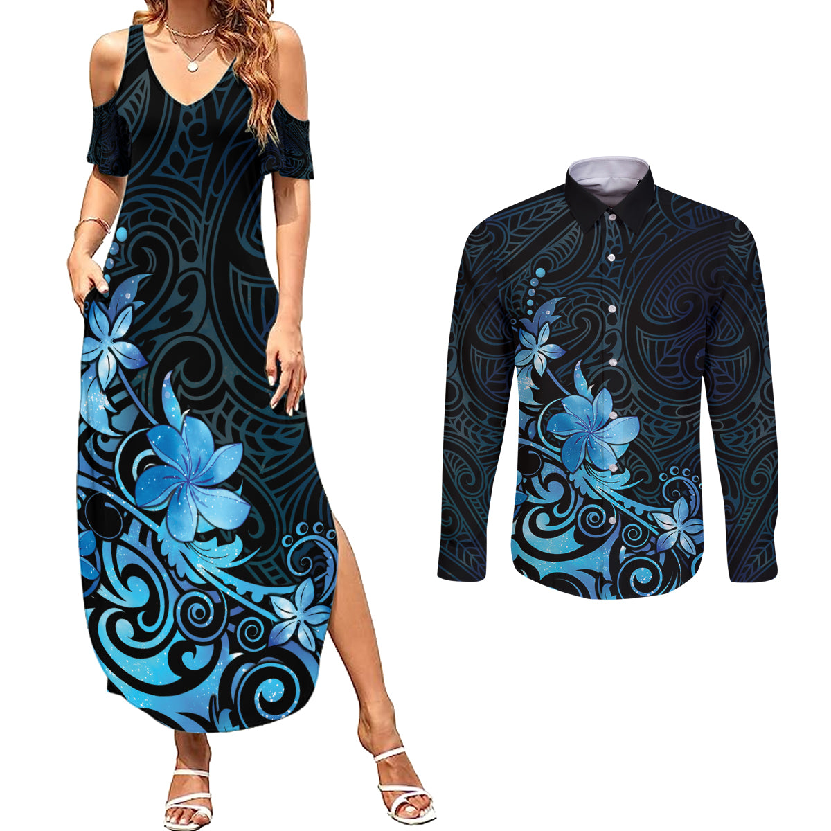 Matariki New Zealand Couples Matching Summer Maxi Dress and Long Sleeve Button Shirt Maori Pattern Blue Galaxy