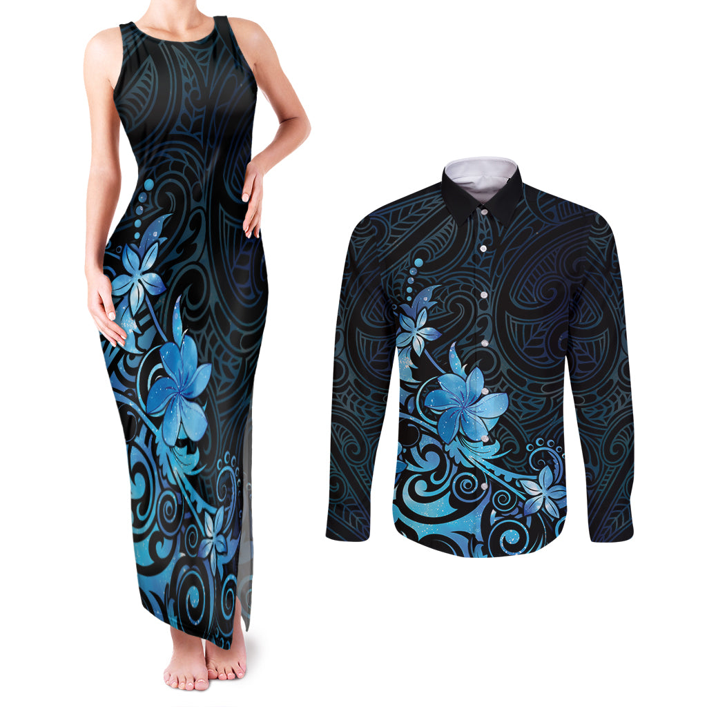 Matariki New Zealand Couples Matching Tank Maxi Dress and Long Sleeve Button Shirt Maori Pattern Blue Galaxy