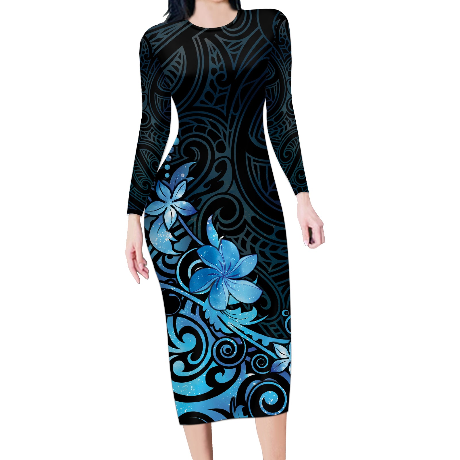 Matariki New Zealand Long Sleeve Bodycon Dress Maori Pattern Blue Galaxy