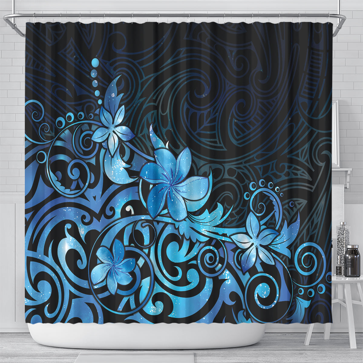 Matariki New Zealand Shower Curtain Maori Pattern Blue Galaxy