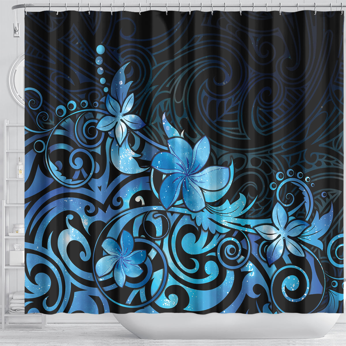 Matariki New Zealand Shower Curtain Maori Pattern Blue Galaxy
