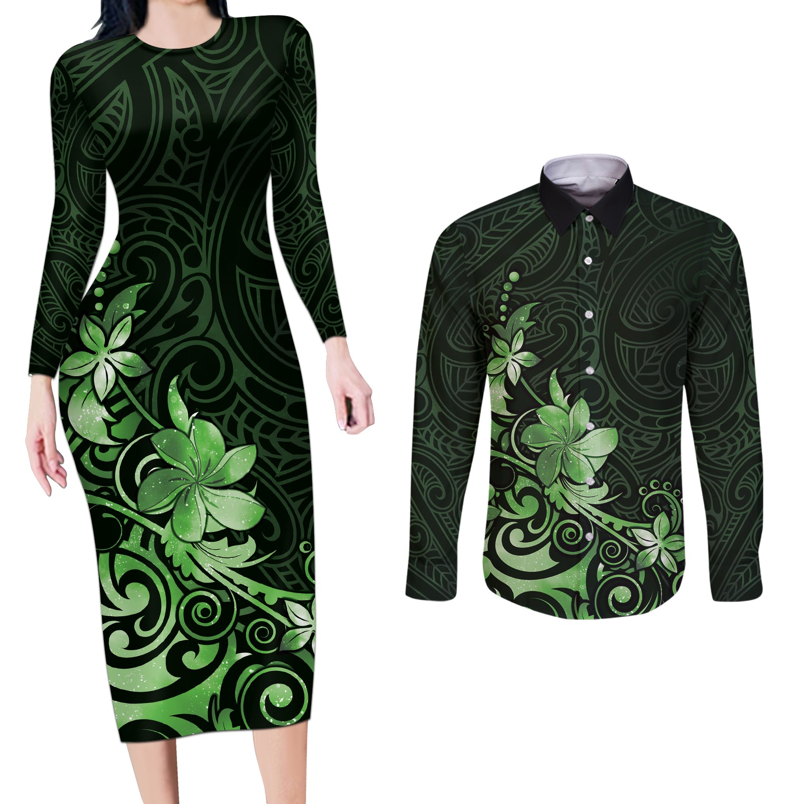 Matariki New Zealand Couples Matching Long Sleeve Bodycon Dress and Long Sleeve Button Shirt Maori Pattern Green Galaxy