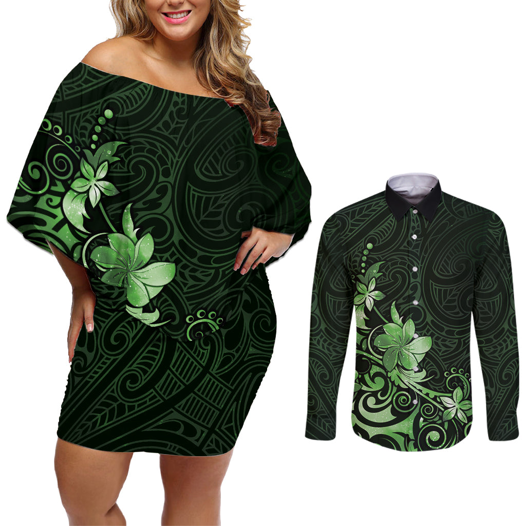 Matariki New Zealand Couples Matching Off Shoulder Short Dress and Long Sleeve Button Shirt Maori Pattern Green Galaxy