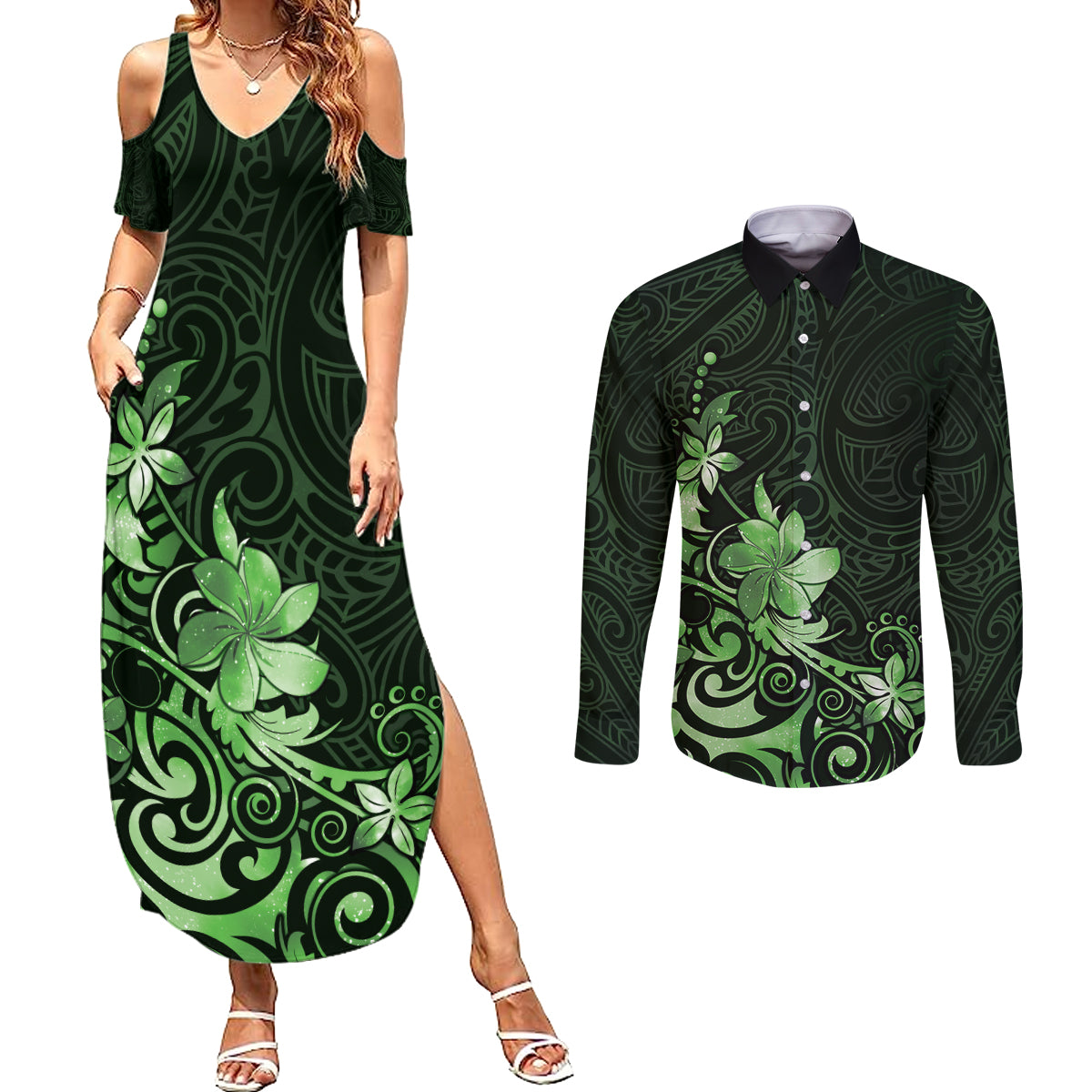 Matariki New Zealand Couples Matching Summer Maxi Dress and Long Sleeve Button Shirt Maori Pattern Green Galaxy