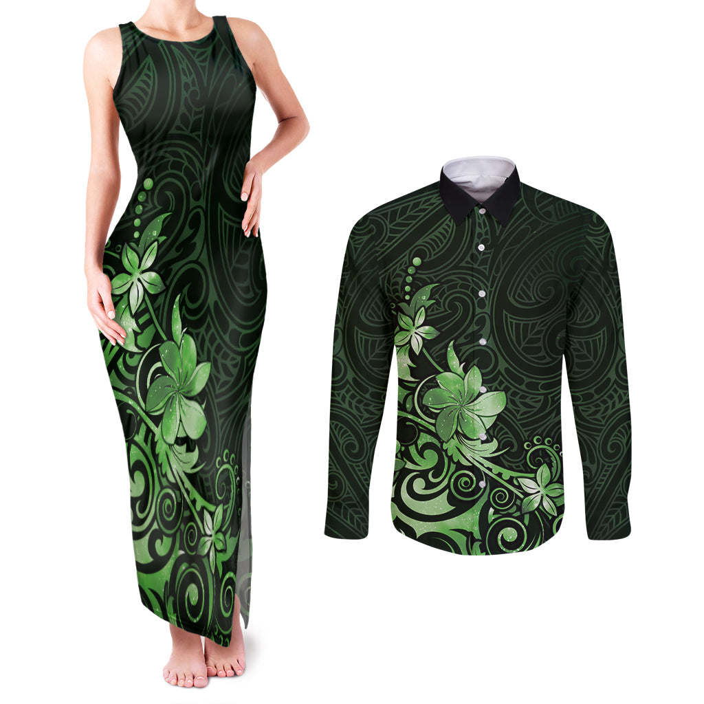 Matariki New Zealand Couples Matching Tank Maxi Dress and Long Sleeve Button Shirt Maori Pattern Green Galaxy