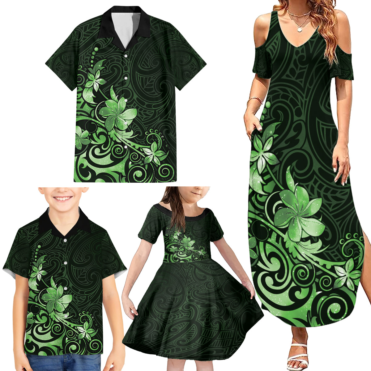 Matariki New Zealand Family Matching Summer Maxi Dress and Hawaiian Shirt Maori Pattern Green Galaxy