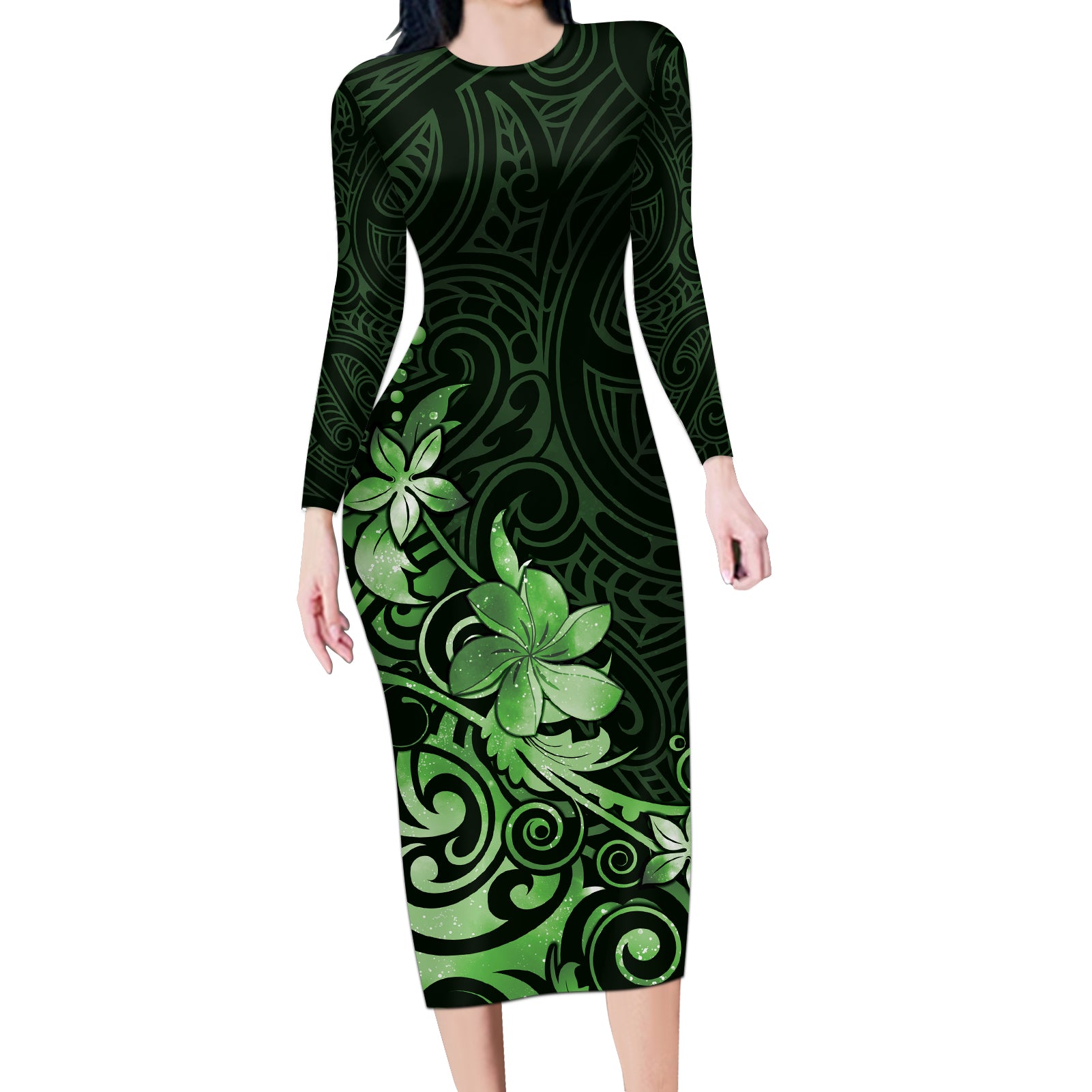 Matariki New Zealand Long Sleeve Bodycon Dress Maori Pattern Green Galaxy