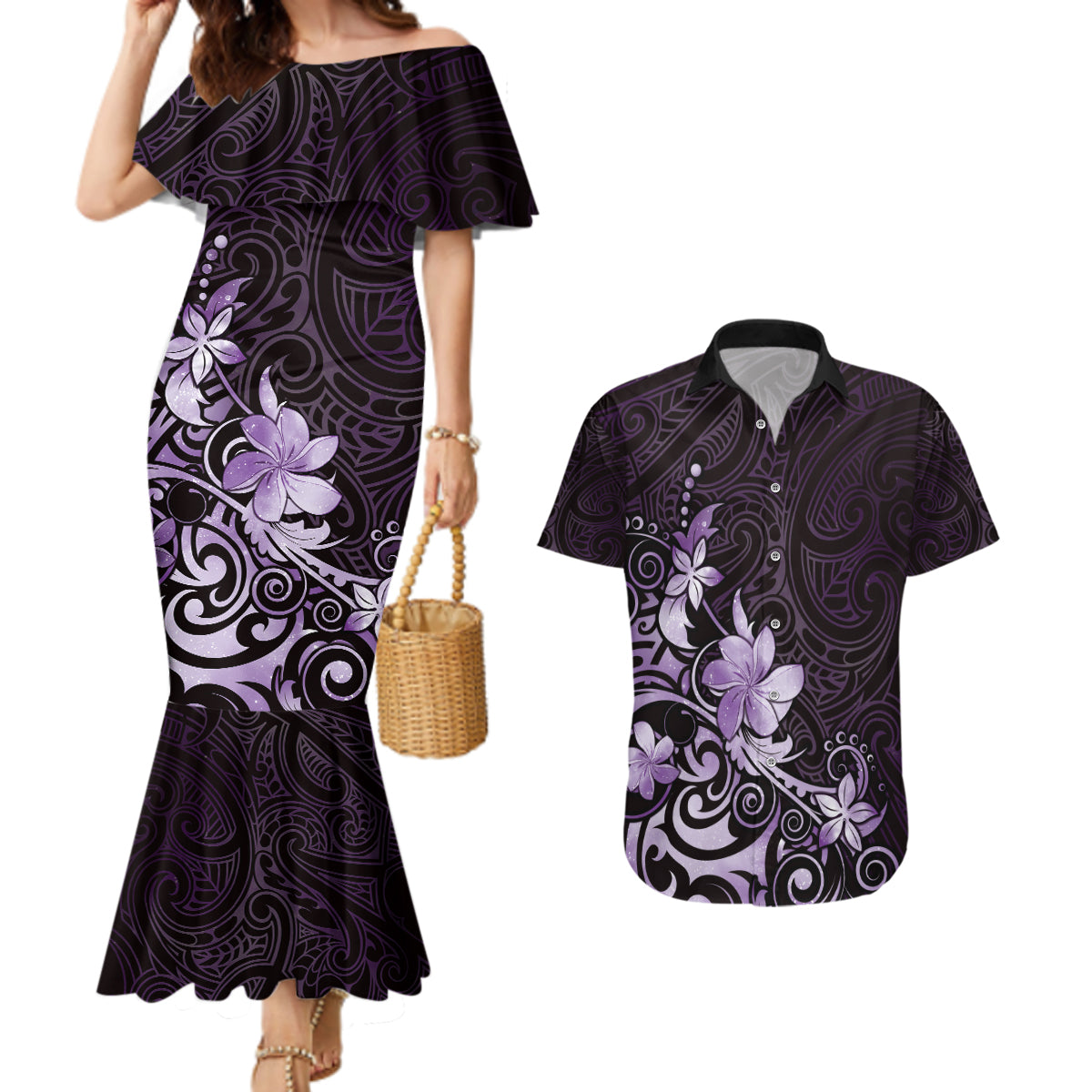 Matariki New Zealand Couples Matching Mermaid Dress and Hawaiian Shirt Maori Pattern Purple Galaxy