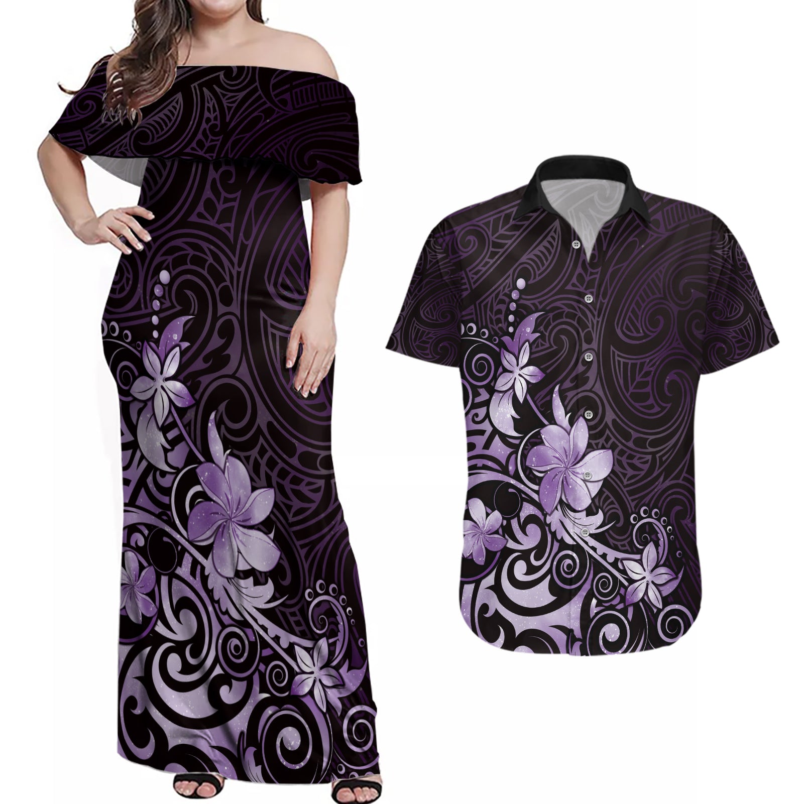 Matariki New Zealand Couples Matching Off Shoulder Maxi Dress and Hawaiian Shirt Maori Pattern Purple Galaxy