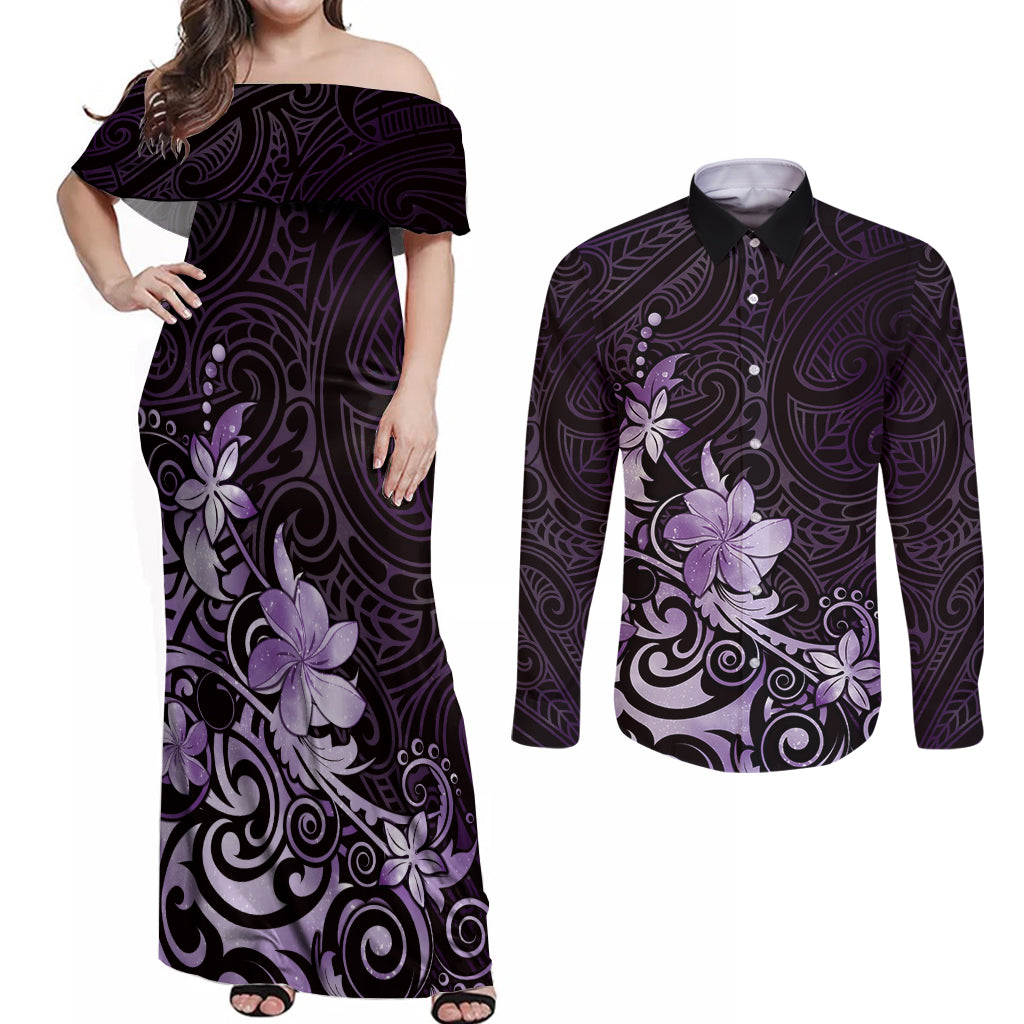 Matariki New Zealand Couples Matching Off Shoulder Maxi Dress and Long Sleeve Button Shirt Maori Pattern Purple Galaxy