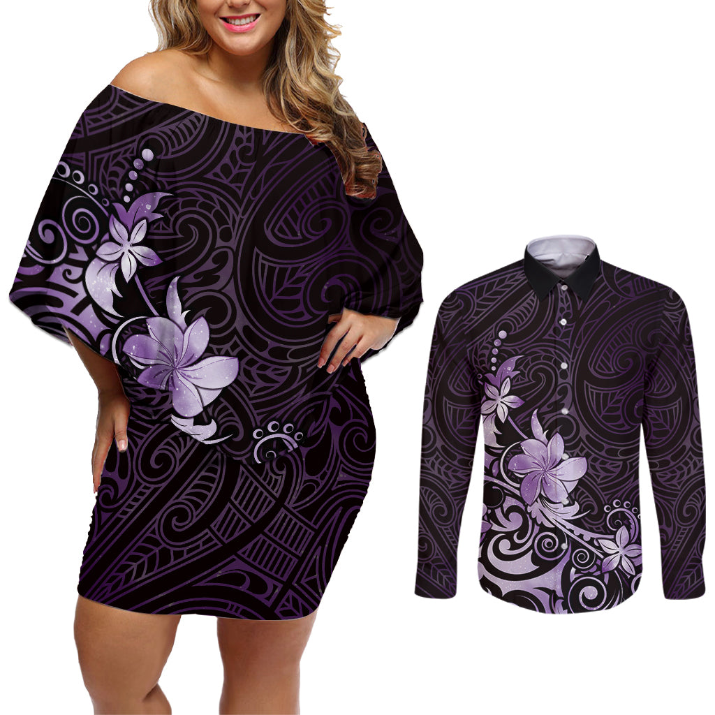 Matariki New Zealand Couples Matching Off Shoulder Short Dress and Long Sleeve Button Shirt Maori Pattern Purple Galaxy