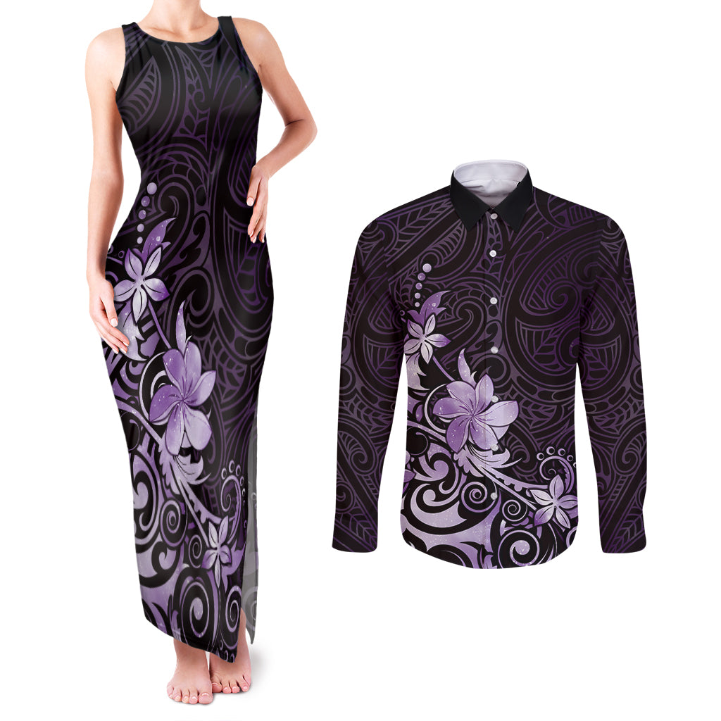 Matariki New Zealand Couples Matching Tank Maxi Dress and Long Sleeve Button Shirt Maori Pattern Purple Galaxy