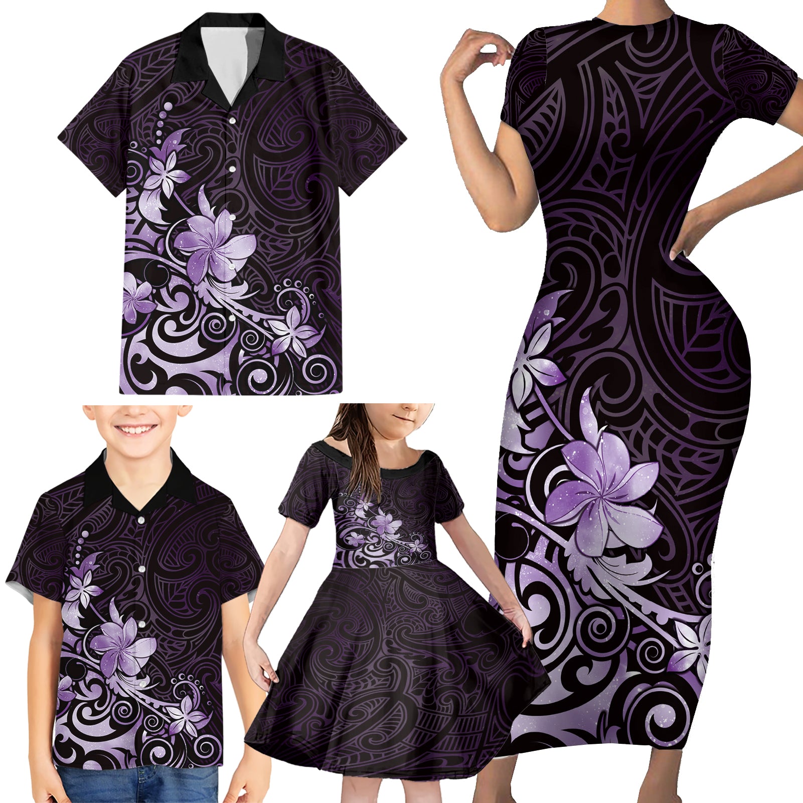 Matariki New Zealand Family Matching Short Sleeve Bodycon Dress and Hawaiian Shirt Maori Pattern Purple Galaxy