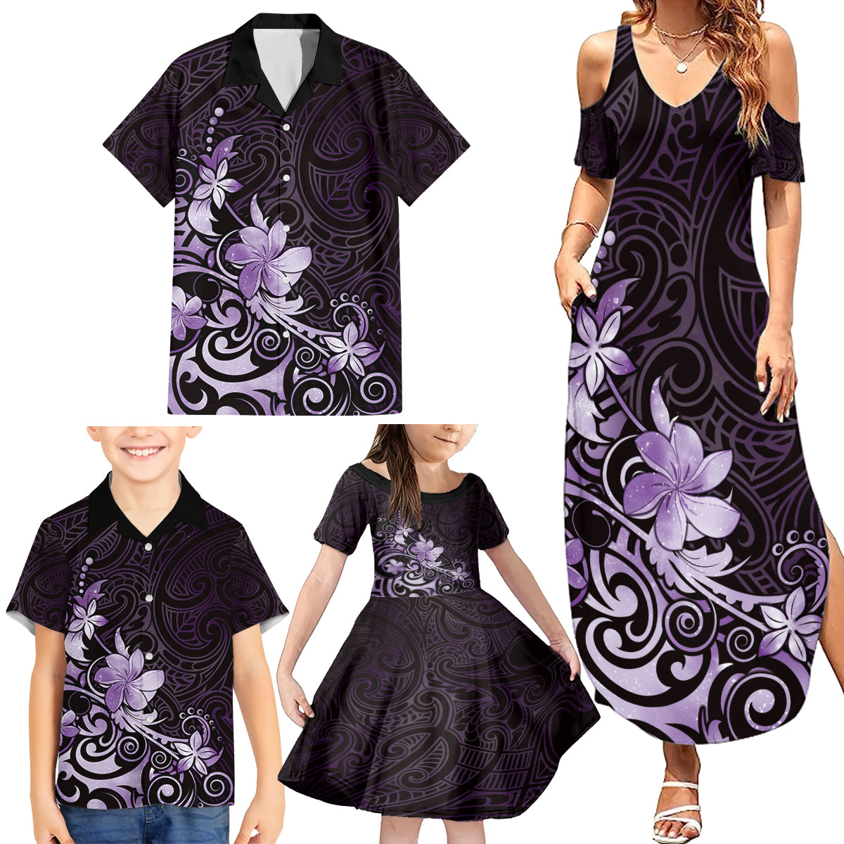 Matariki New Zealand Family Matching Summer Maxi Dress and Hawaiian Shirt Maori Pattern Purple Galaxy