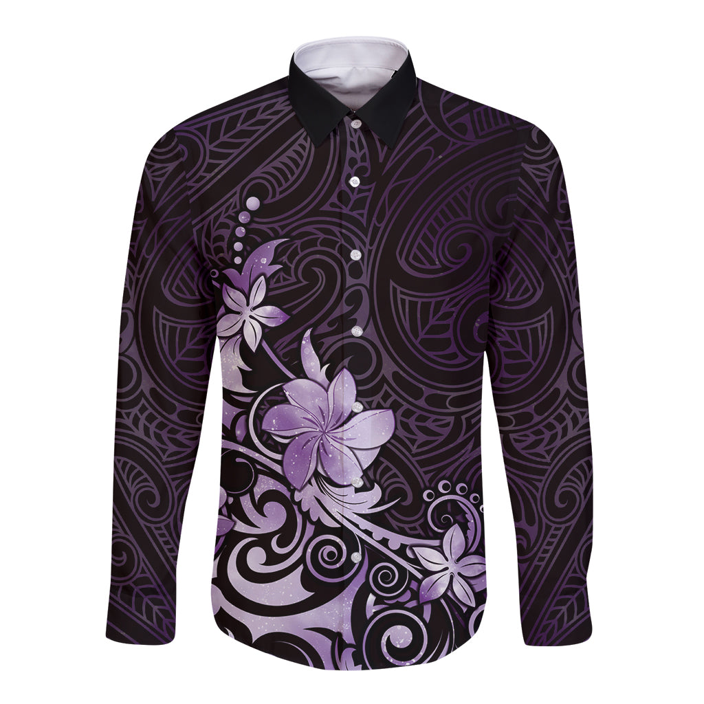 Matariki New Zealand Long Sleeve Button Shirt Maori Pattern Purple Galaxy