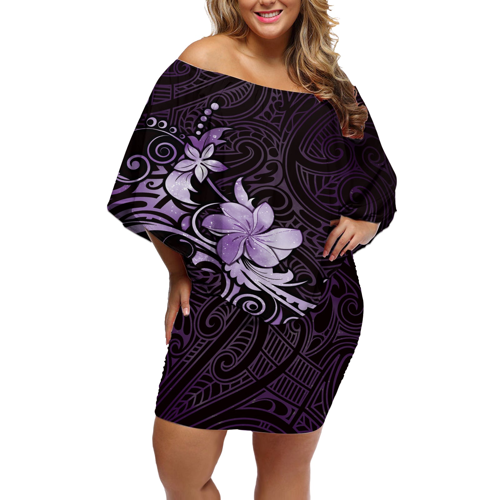 Matariki New Zealand Off Shoulder Short Dress Maori Pattern Purple Galaxy