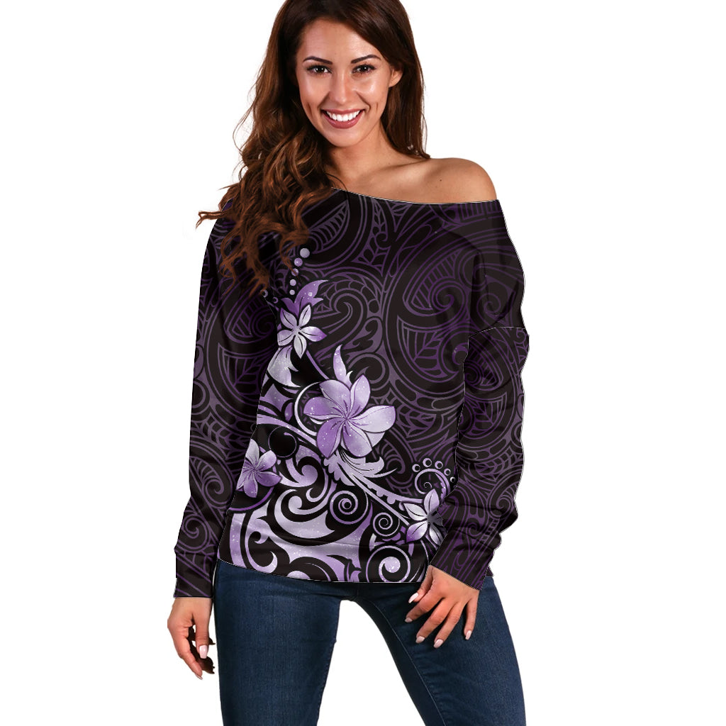 Matariki New Zealand Off Shoulder Sweater Maori Pattern Purple Galaxy